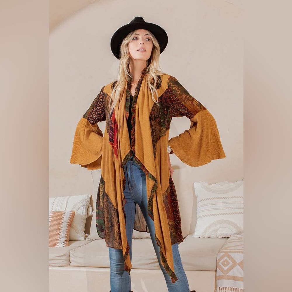 Bohemian Mustard Patchwork Drape Cape Jacket
